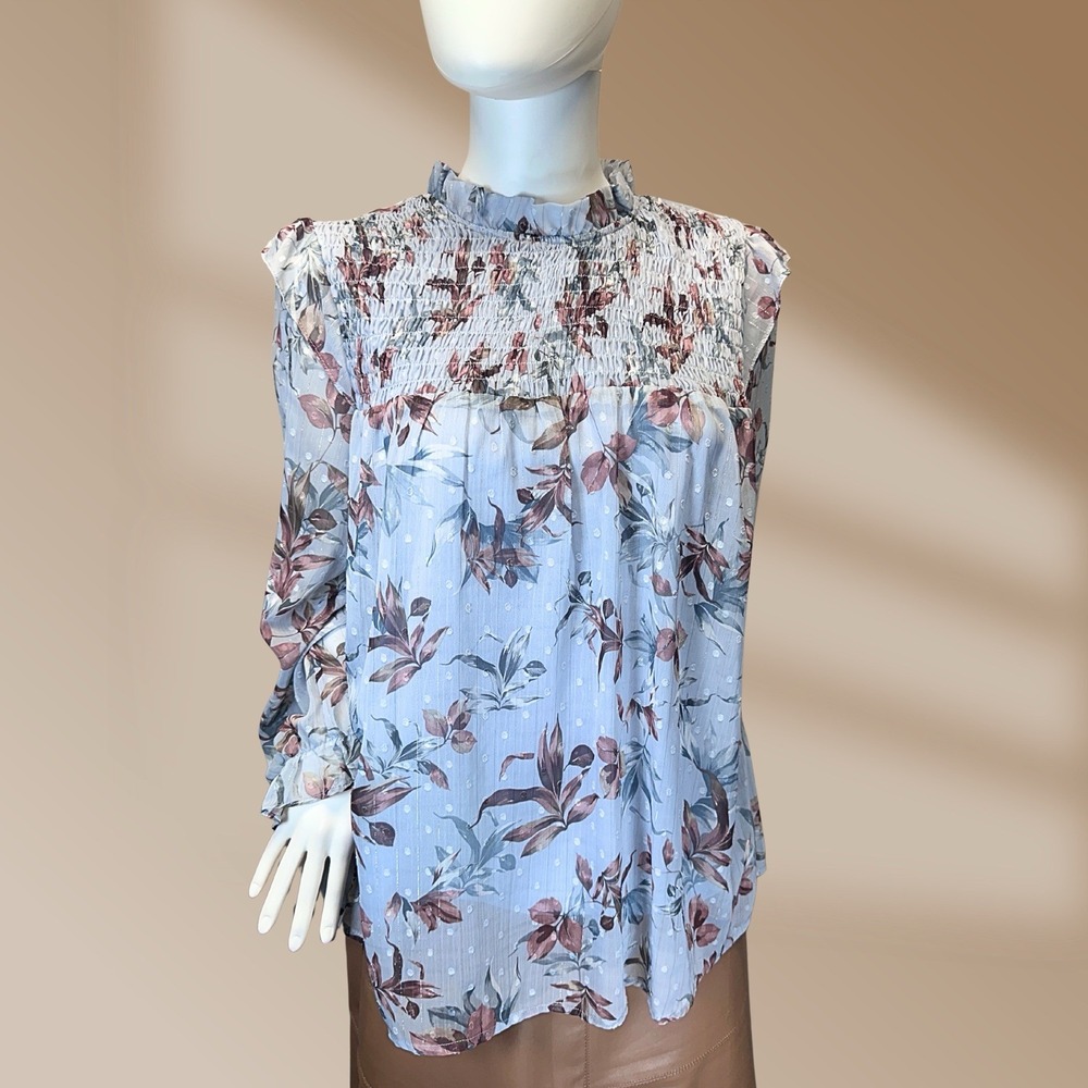 Aura Women's Silver Threaded Dusty Blue Smocked Top Blouse Size Medium